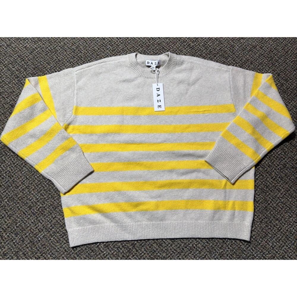 Daze Carlyle Sweater Womens Size Medium Yellow Cream Stripe Long Sleeve Stretch